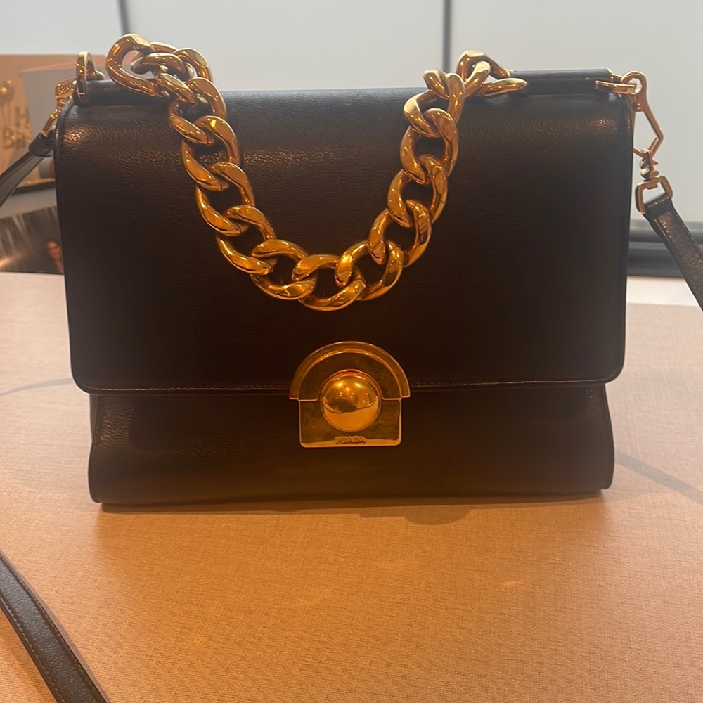 Prada Black Leather Shoulder Bag with Gold Chain